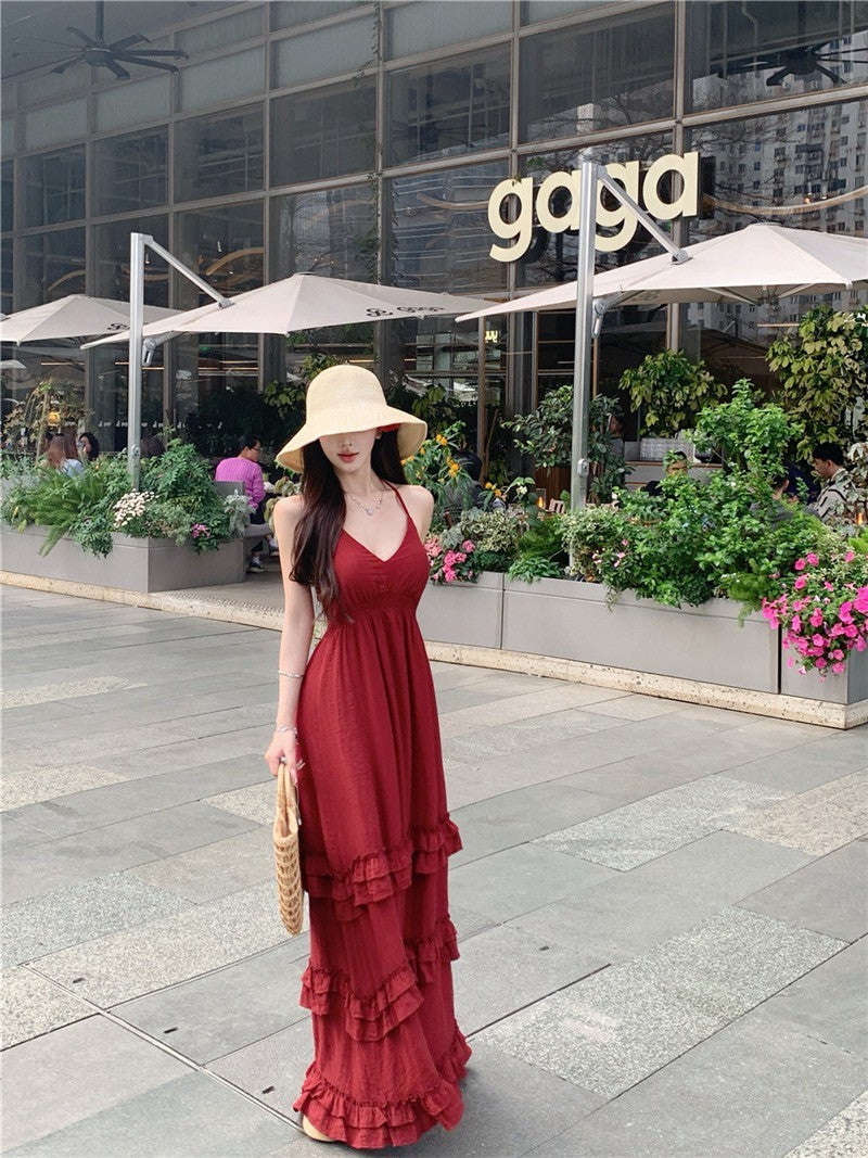 Na+復古度假V領收腰垂墜顯瘦洋裝 酒紅