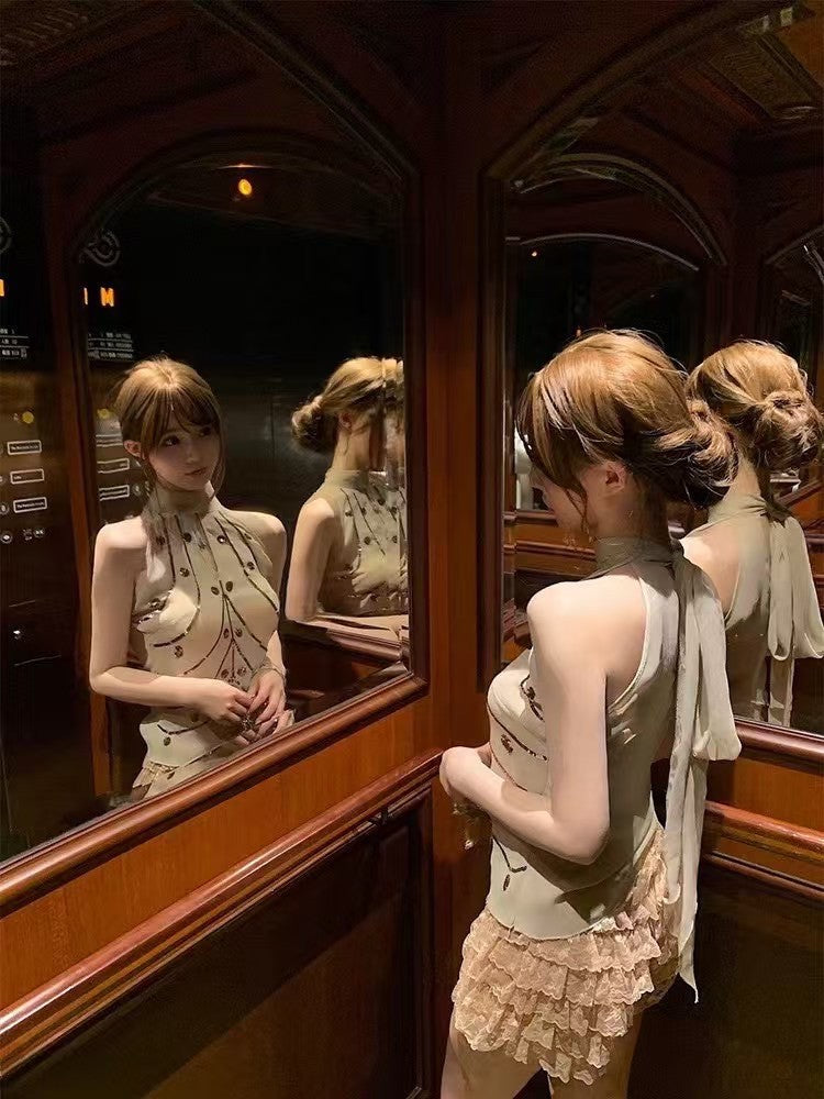 NA+奶茶甜心繫帶綁帶背心 蛋糕花苞褲