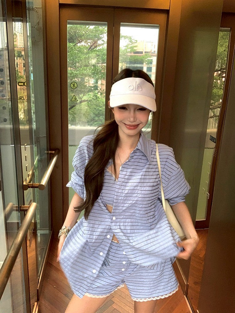 ''Na+''Fun玩海邊 慵懶藍色條紋花邊設計襯衫 比基尼