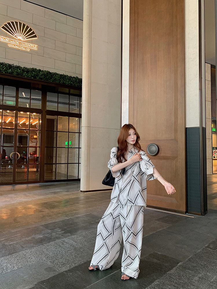 NA+ Lazy老錢輕奢印花寬鬆襯衫 休閒闊腿褲