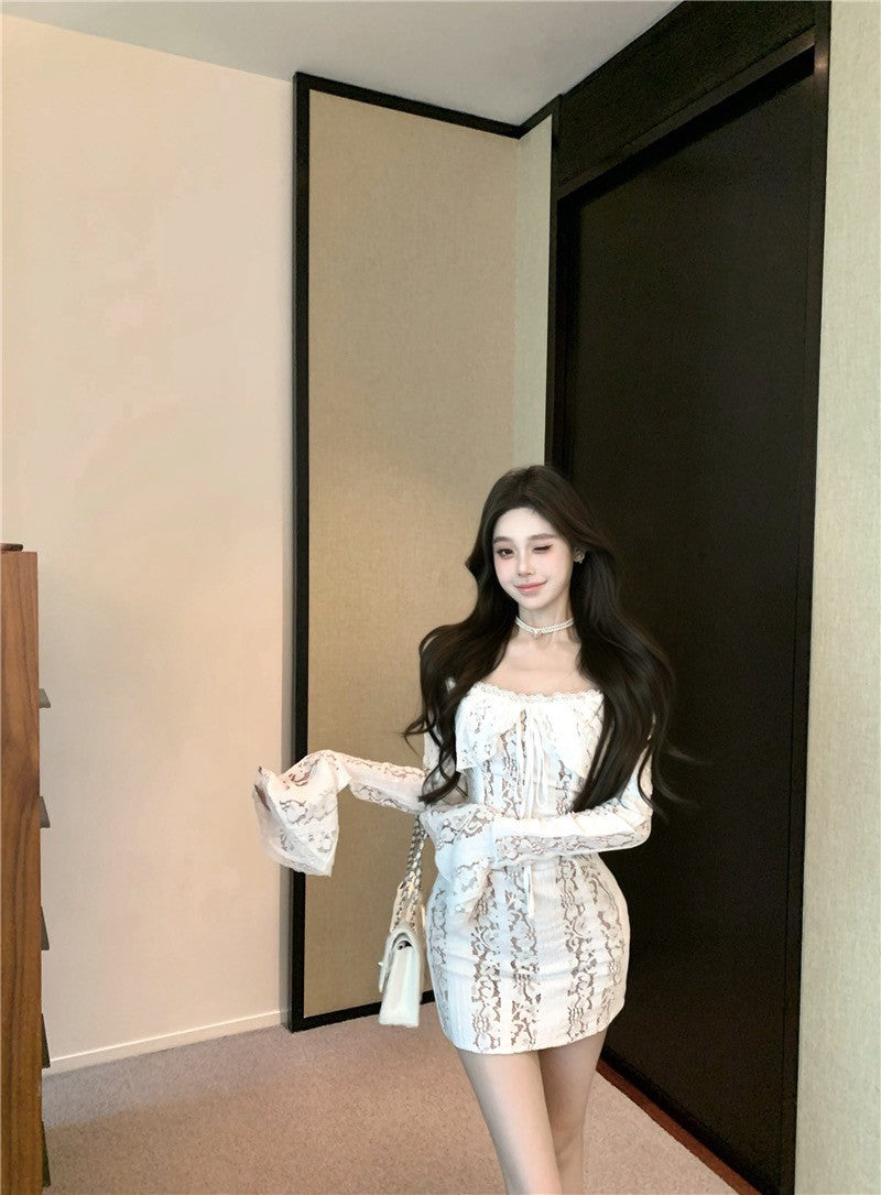 NA+ 法式香肩荷葉緊身連身裙