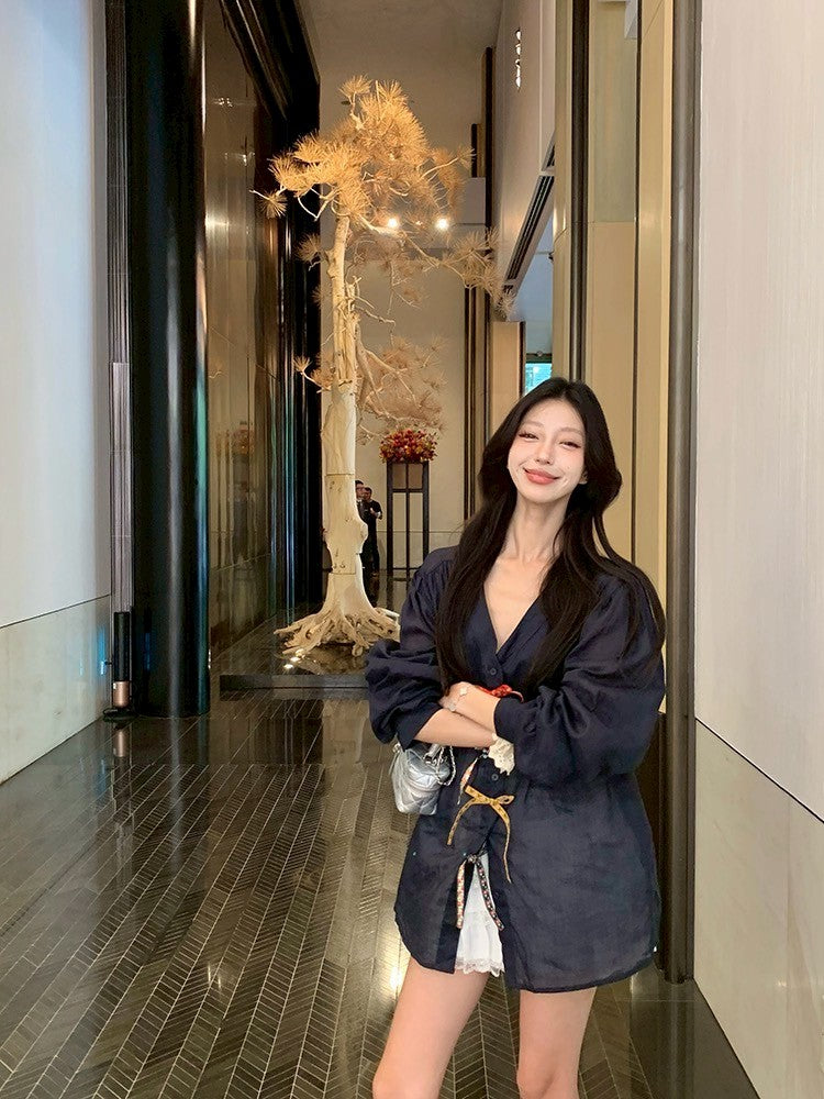 ''Na+''V領復古盤扣棉麻薄襯衫