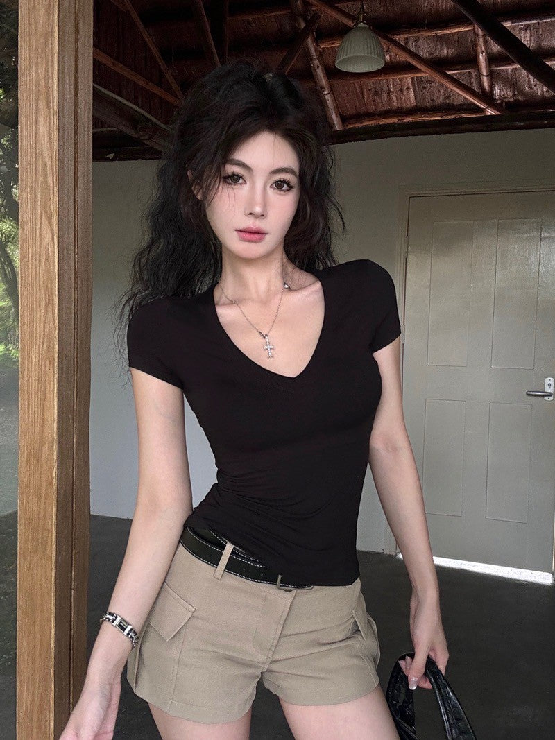 NA+ 絕對辣妹基礎百搭V領彈力上衣3色