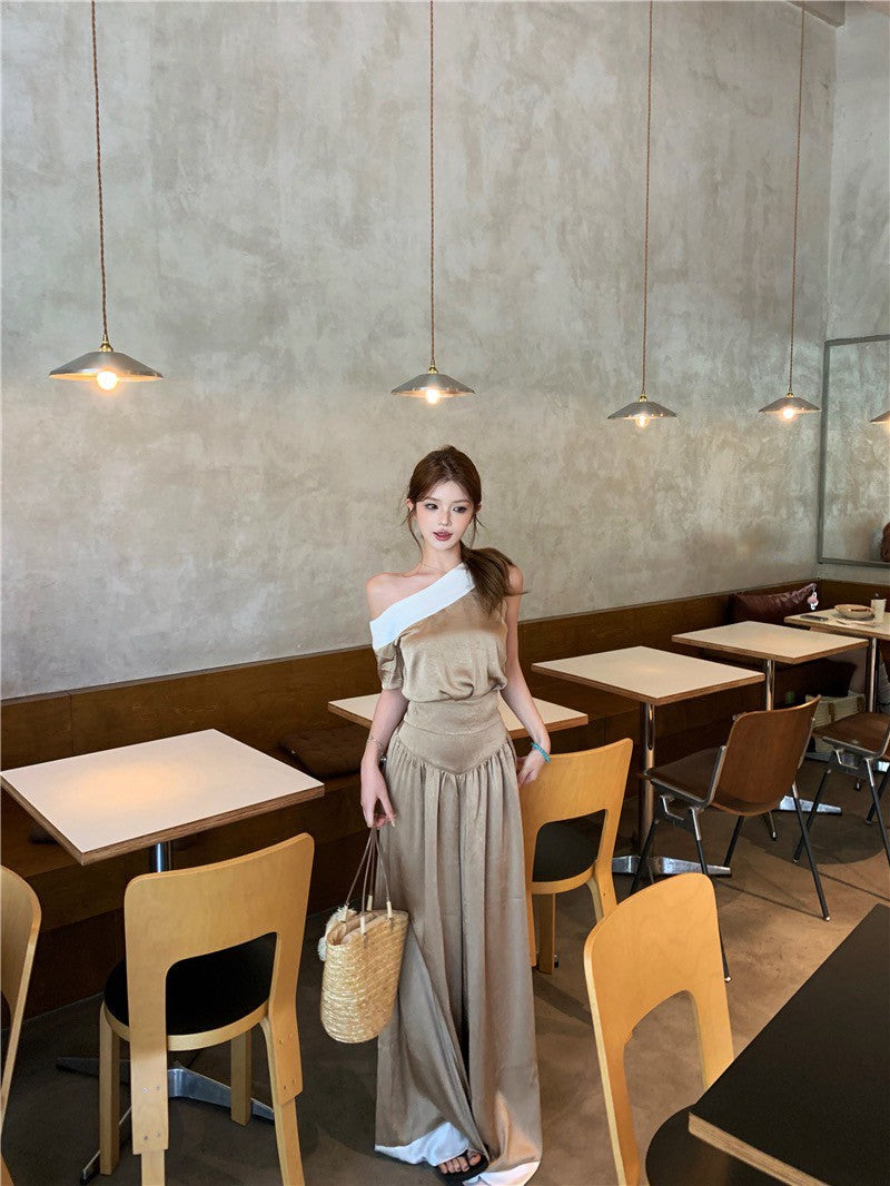 NA+ 乖巧西西里香檳色拼色上衣 高腰闊腿褲