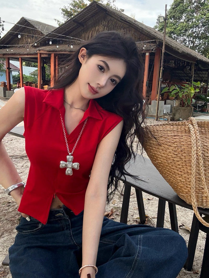 Na+ 時髦不插電 老錢polo領雙拉鏈背心 紅