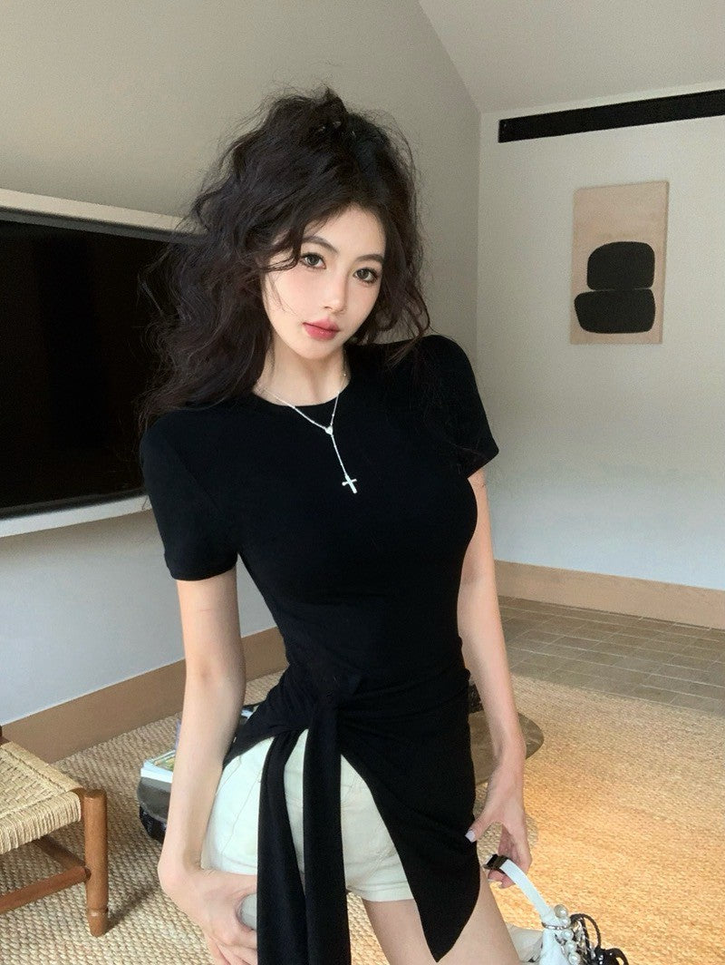 Na+ 簡約圓領側腰開叉顯瘦上衣 灰/黑