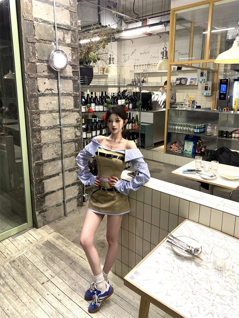 NA+ 拼接碰撞 一字領條紋工裝上衣/半身裙