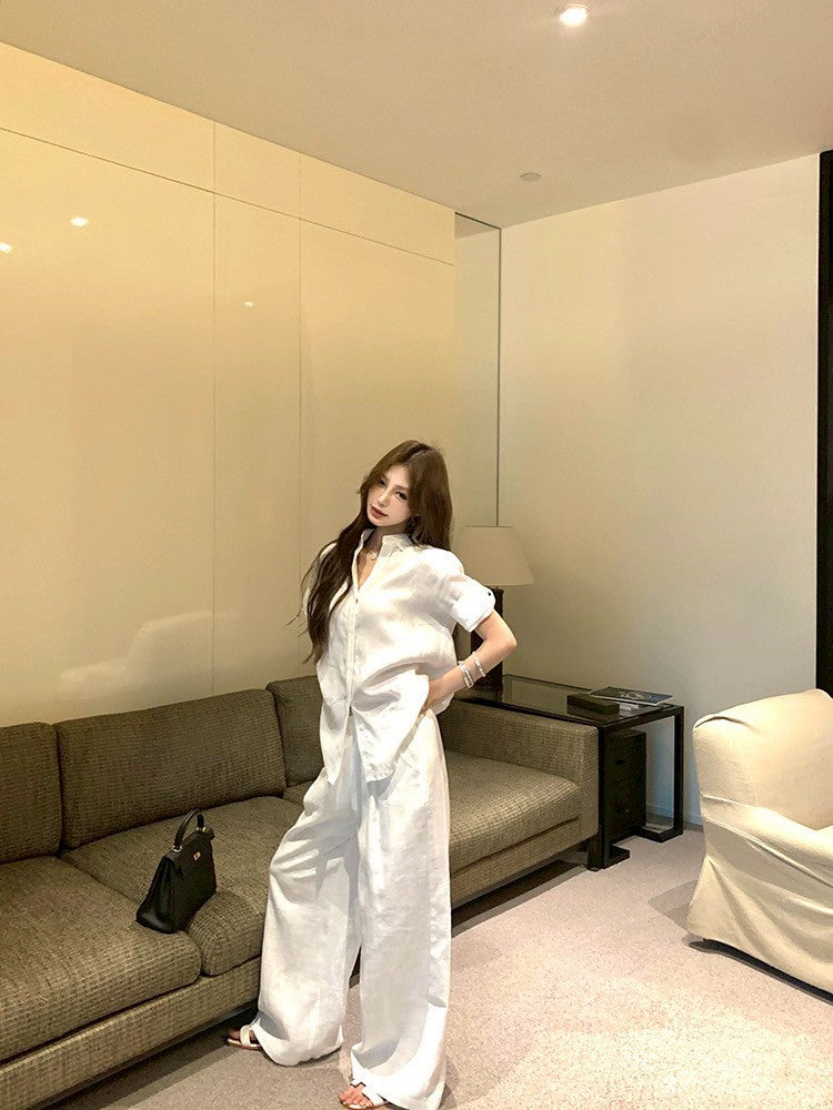 ''Na+''簡約派別 鬆弛感類麻襯衫 鬆緊休閒褲