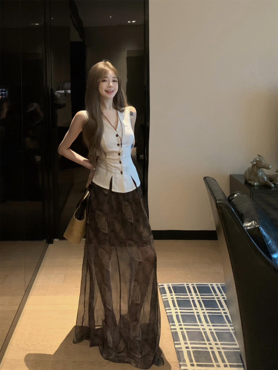 NA+ 復古V領收腰排扣馬甲 印花雪紡裙