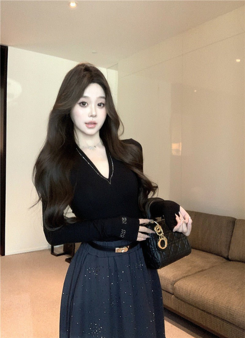 NA+ 輕奢復古修身上衣 燙鑽大裙擺半身裙 黑