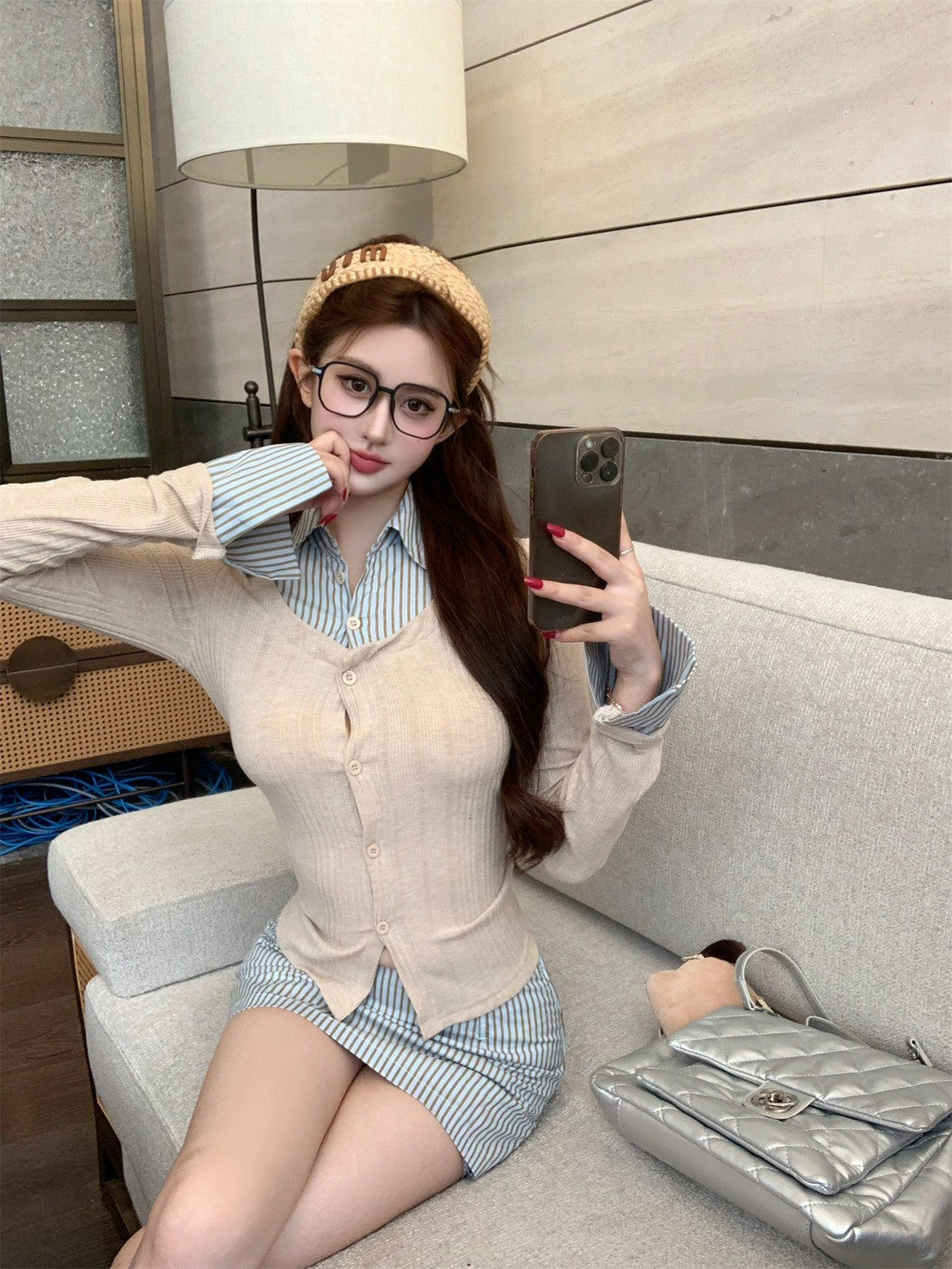 NA+ 氣質學院假兩件式條紋針織襯衫 條紋半身褲裙