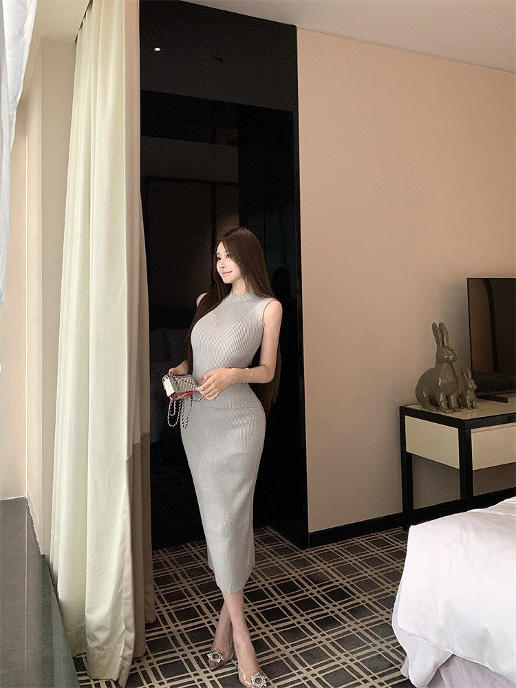 NA+ 溫柔歐膩低飽和藍灰針織背心 開叉半身裙