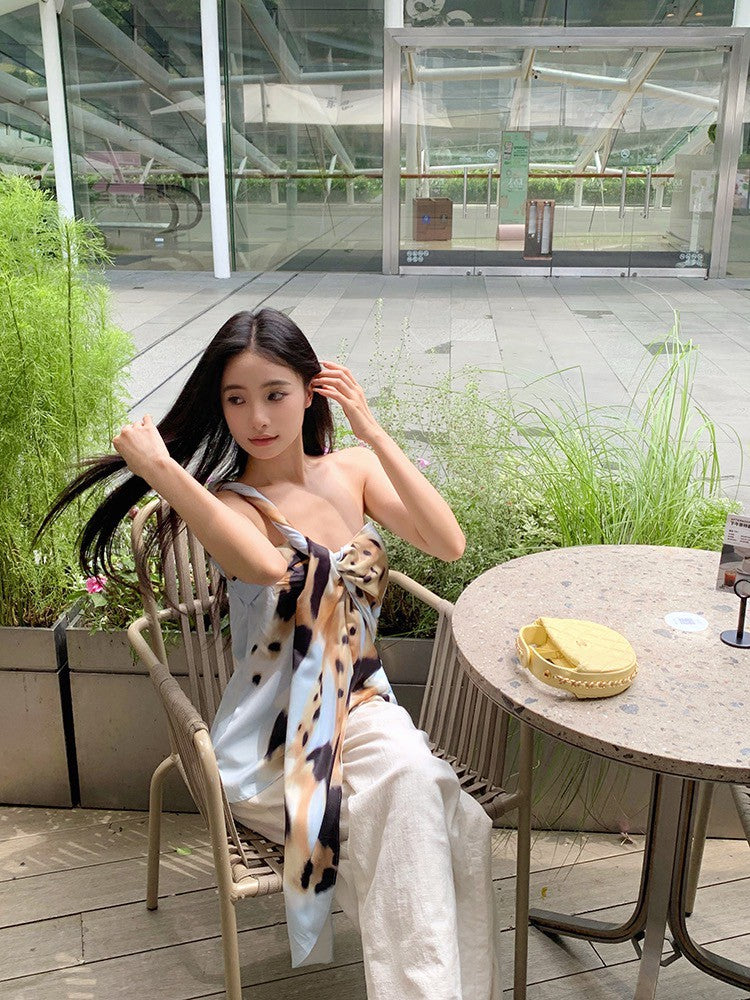 NA+ 沫花暈染不規則扭結飄帶上衣