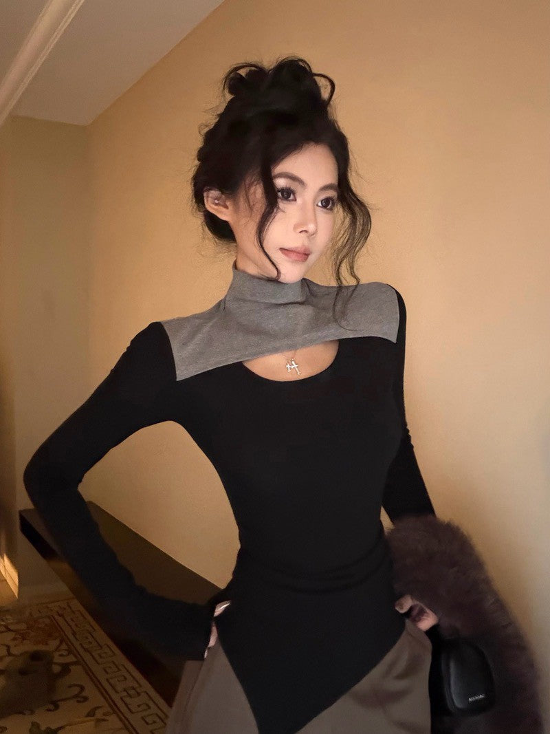 NA+ 內外都好搭 拼色領挖空上衣 灰底/咖底/黑底