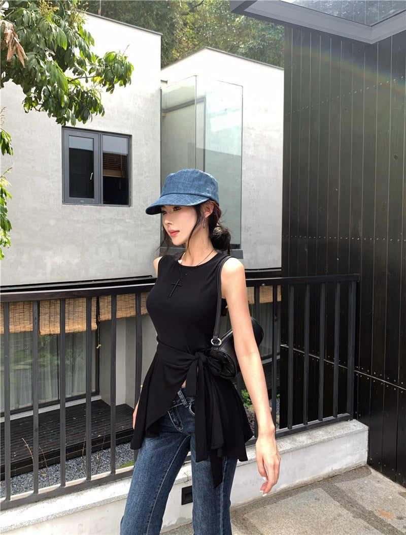 Na+ 氣質名媛簡約圓領純色收腰無袖上衣 粉/黃/黑