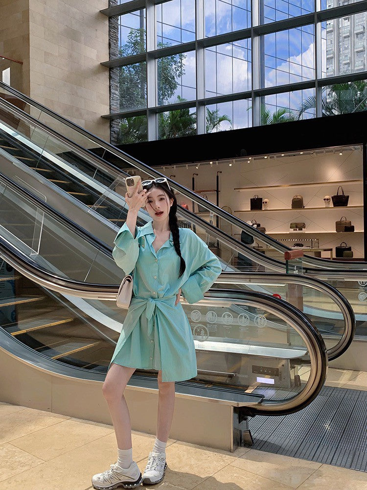 ''Na+''韓系糖果衫 法式綁帶收腰襯衫裙 薄荷藍