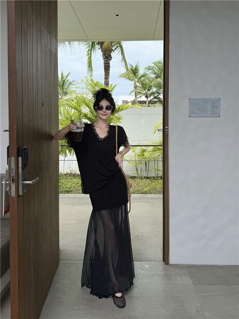 NA+ New money簡約蕾絲V領寬鬆上衣 透視拼接半身裙 白/黑