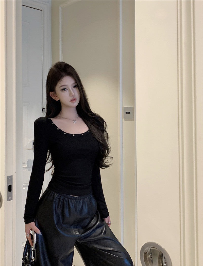 Na+ 基礎簡約圓釘U領上衣 軍綠/白/黑