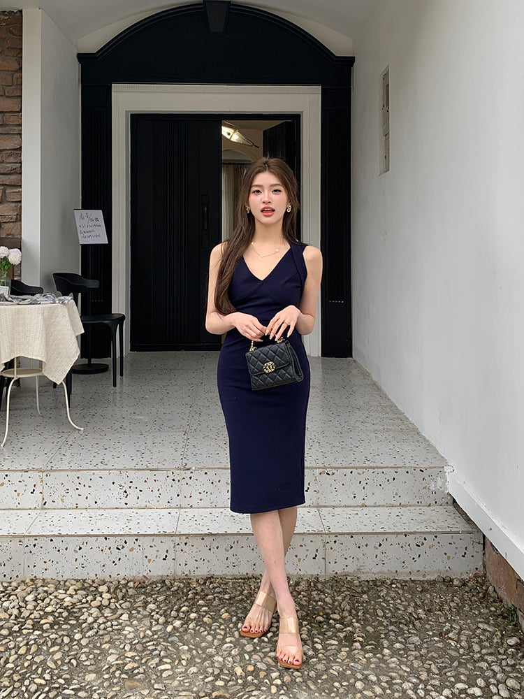 【Na+】氣質拼接修身連身裙 藏青