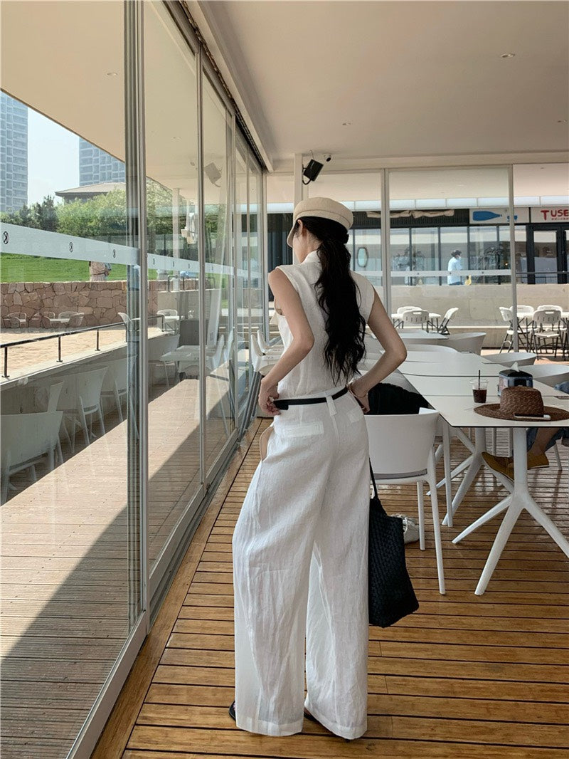 NA+ 老錢vibe 高量亞麻簡約背心/高腰休閒褲 白