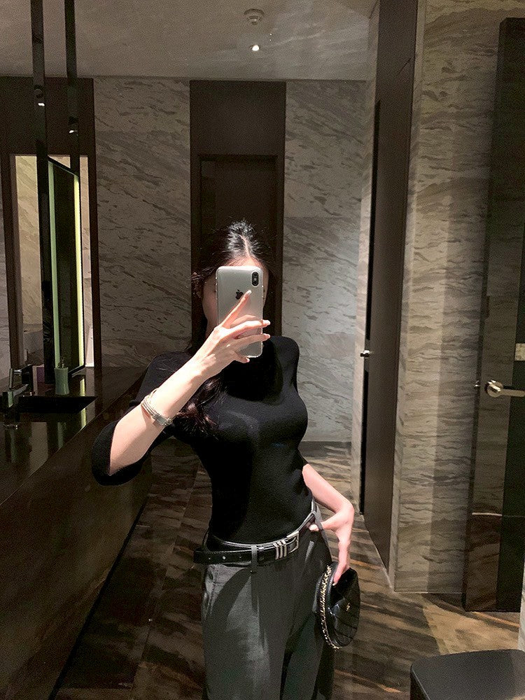 ''Na+''低調氛圍 5分袖修身針織上衣 灰/黑 中腰休閒褲