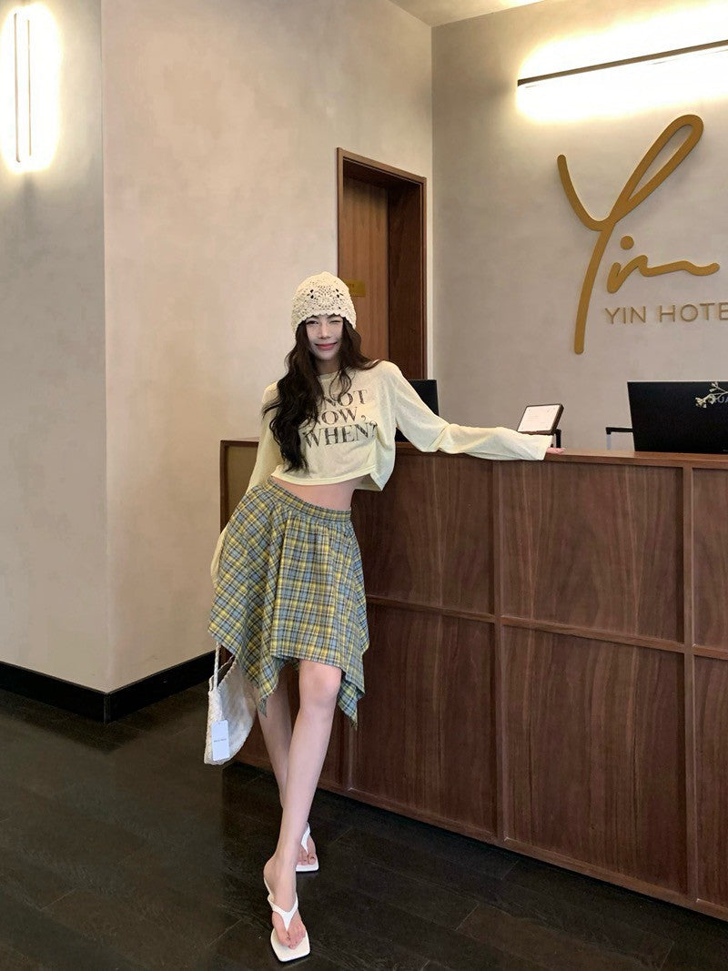 NA+ 百搭休閒空調雪花棉上衣 黃 不規則格紋半身裙 黃