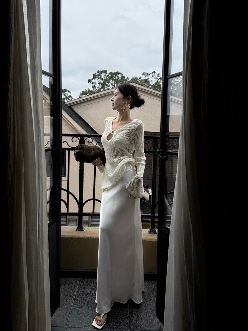 Na+ 時髦歐美老錢 V領縷空疊穿罩衣 米白