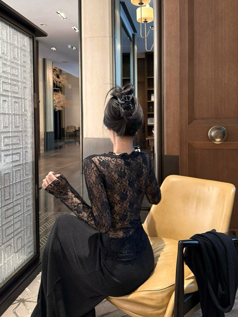 NA+ 不簡單打底蕾絲拼接針織上衣 白/黑