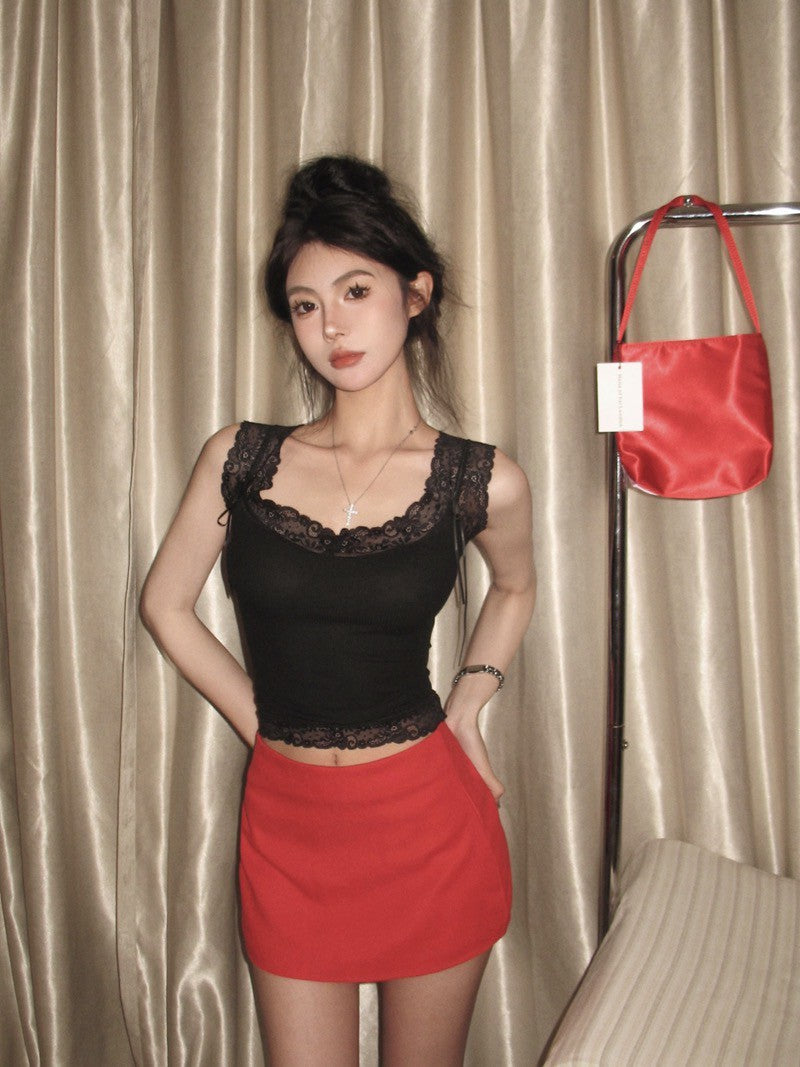 NA+ 復古甜美蕾絲打底背心 粉/白/黑