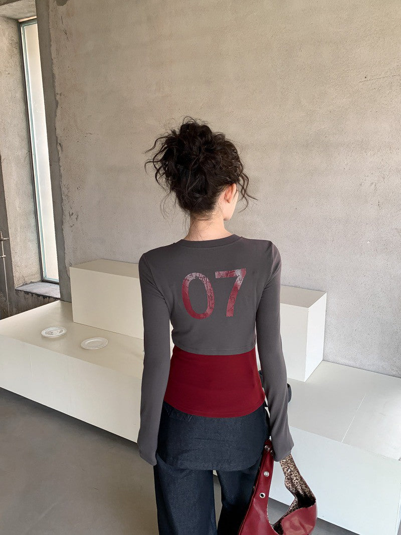 NA+ 美式辣妹數字撞色拼接圓領上衣 咖/黑/灰