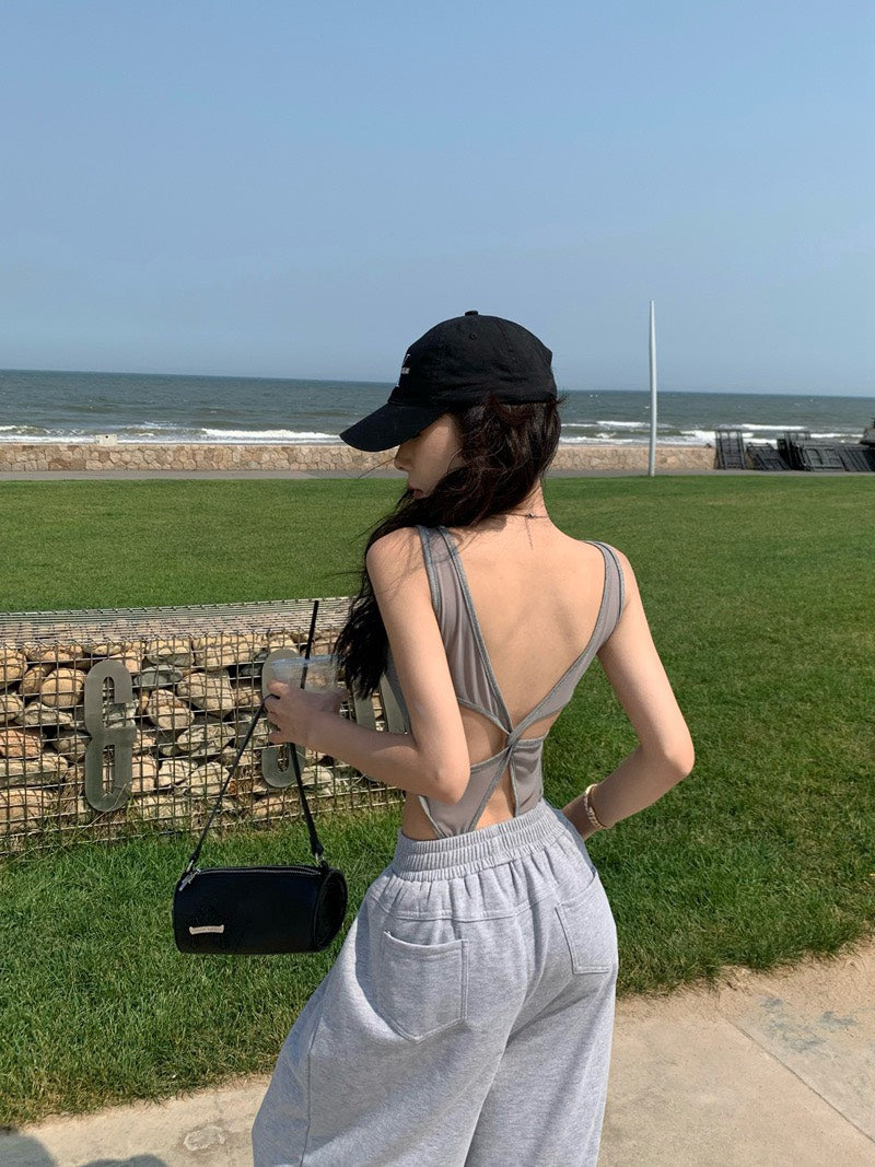 NA+ 歐美控的愛 設計款帶胸墊U領連體衣 白/灰