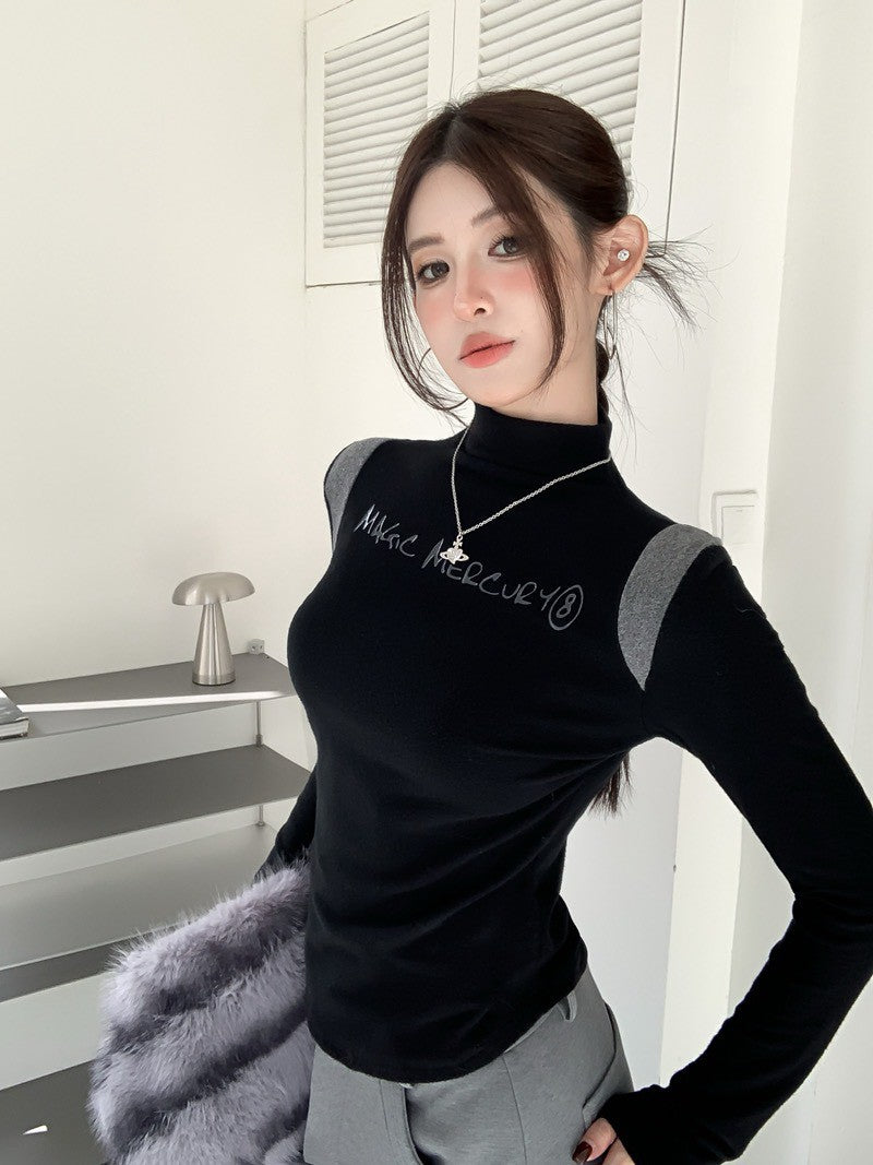 NA+ 休閒系字母印花直角肩高領上衣 灰/咖/黑