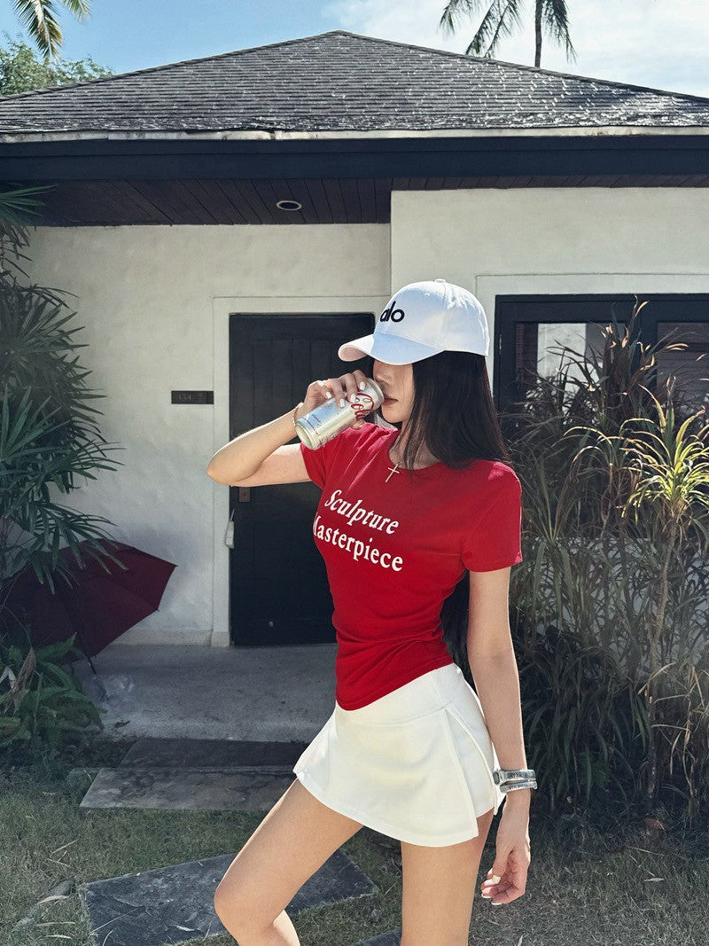 NA+ 辣妹正肩顯瘦圓領撞色字母上衣 白/紅