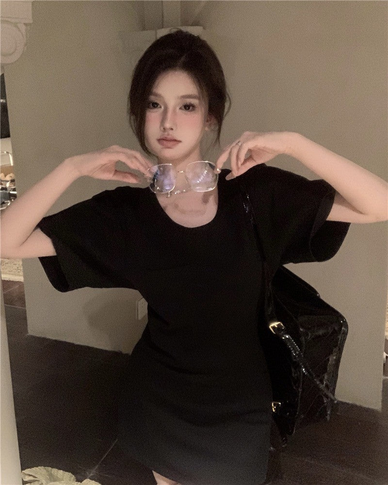 Na+ 鬆弛感收腰口袋T shirt裙 白/黑