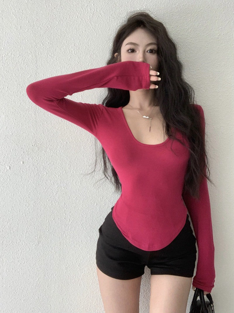 Na+ 藏不住好身材打底 U領純色圓弧上衣 白/紫/莓紅