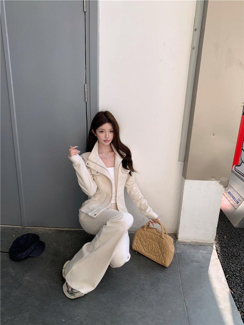 NA+ 巨瘦韓系搭收腰立領外套 微喇叭抽繩休閒褲 米