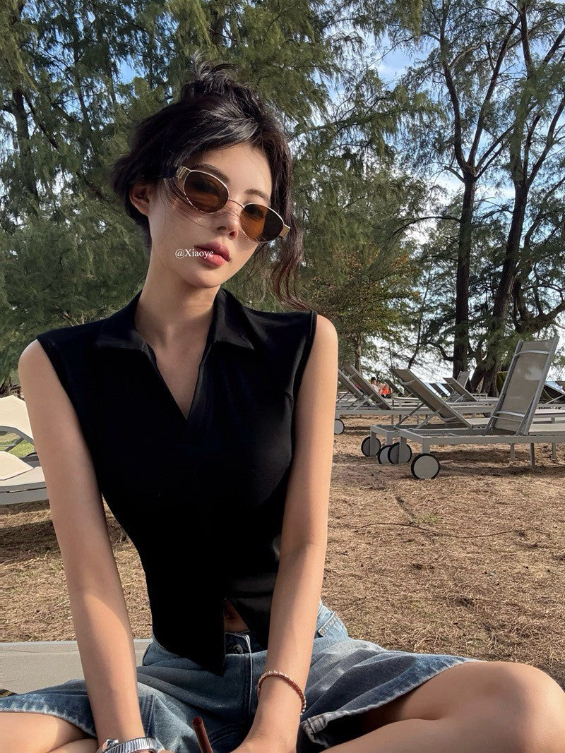 Na+ 時髦不插電 老錢polo領雙拉鏈背心 黑