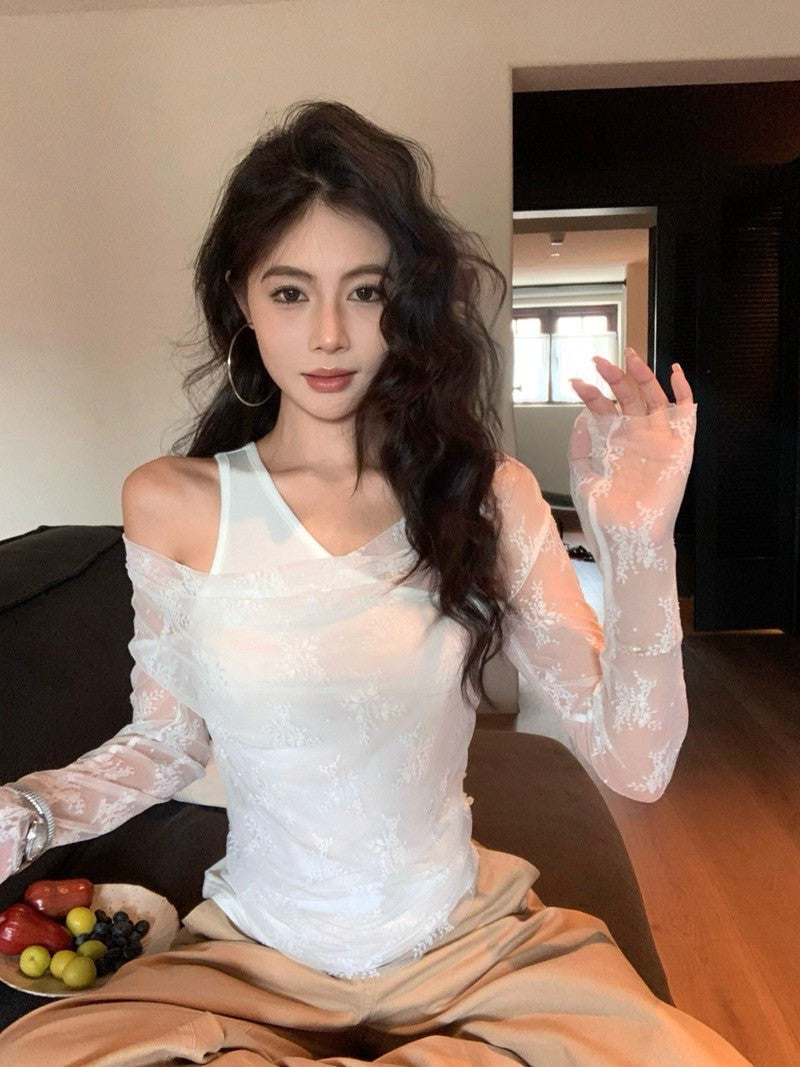 NA+ 造型偷心蕾絲假兩件式疊穿上衣 白