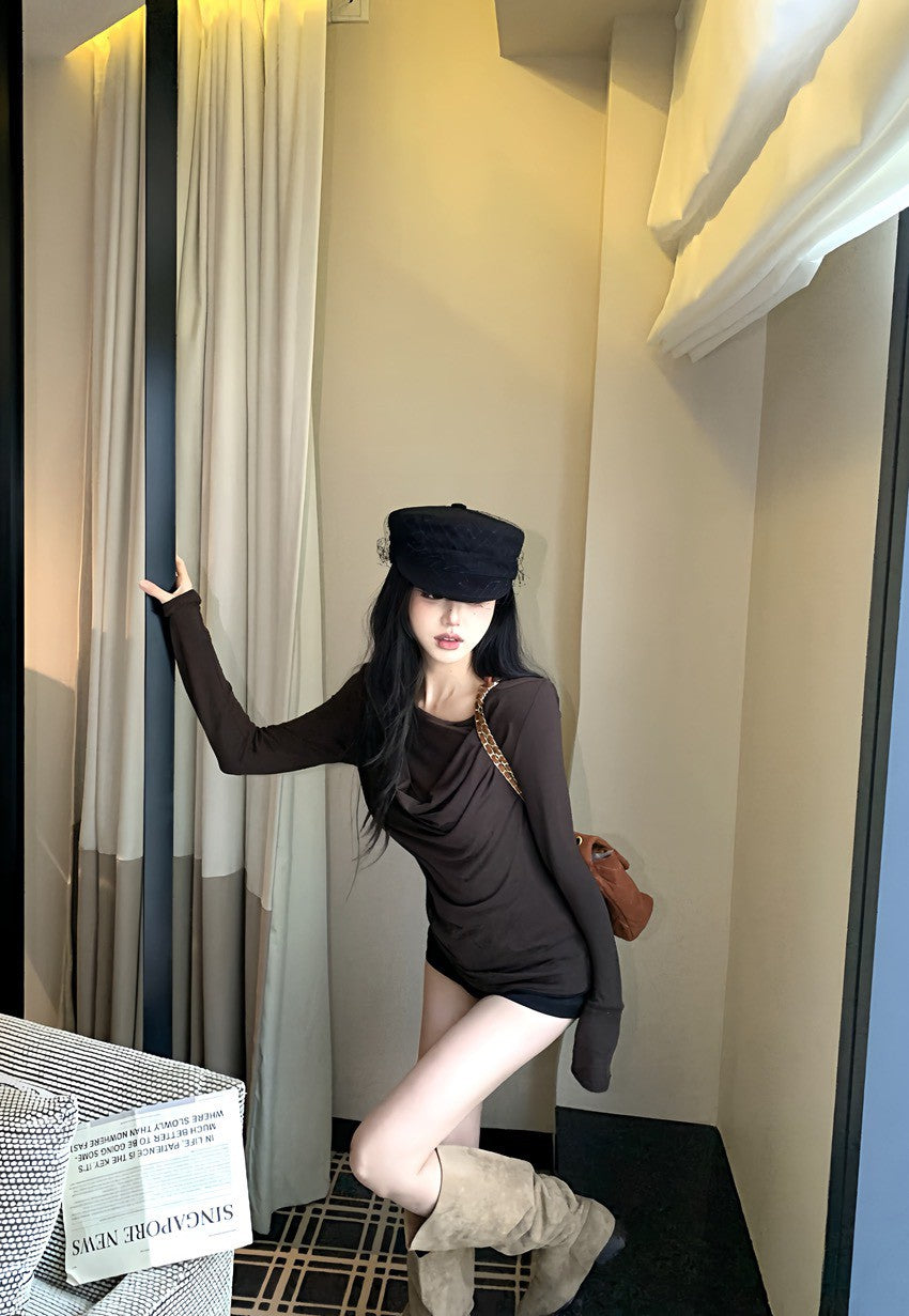 NA+ 棉質百搭蘯領假兩件式顯瘦上衣 白/咖