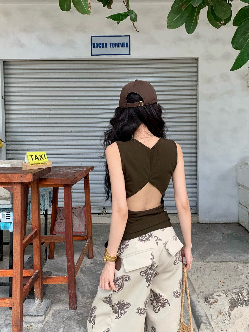 NA+ 美式簡約美腰縷空背心 棕綠