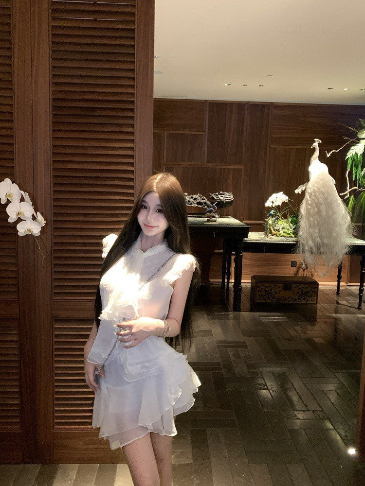 NA+ 南洋千金雪紡飄逸荷葉上衣 不規則半身裙 藍灰