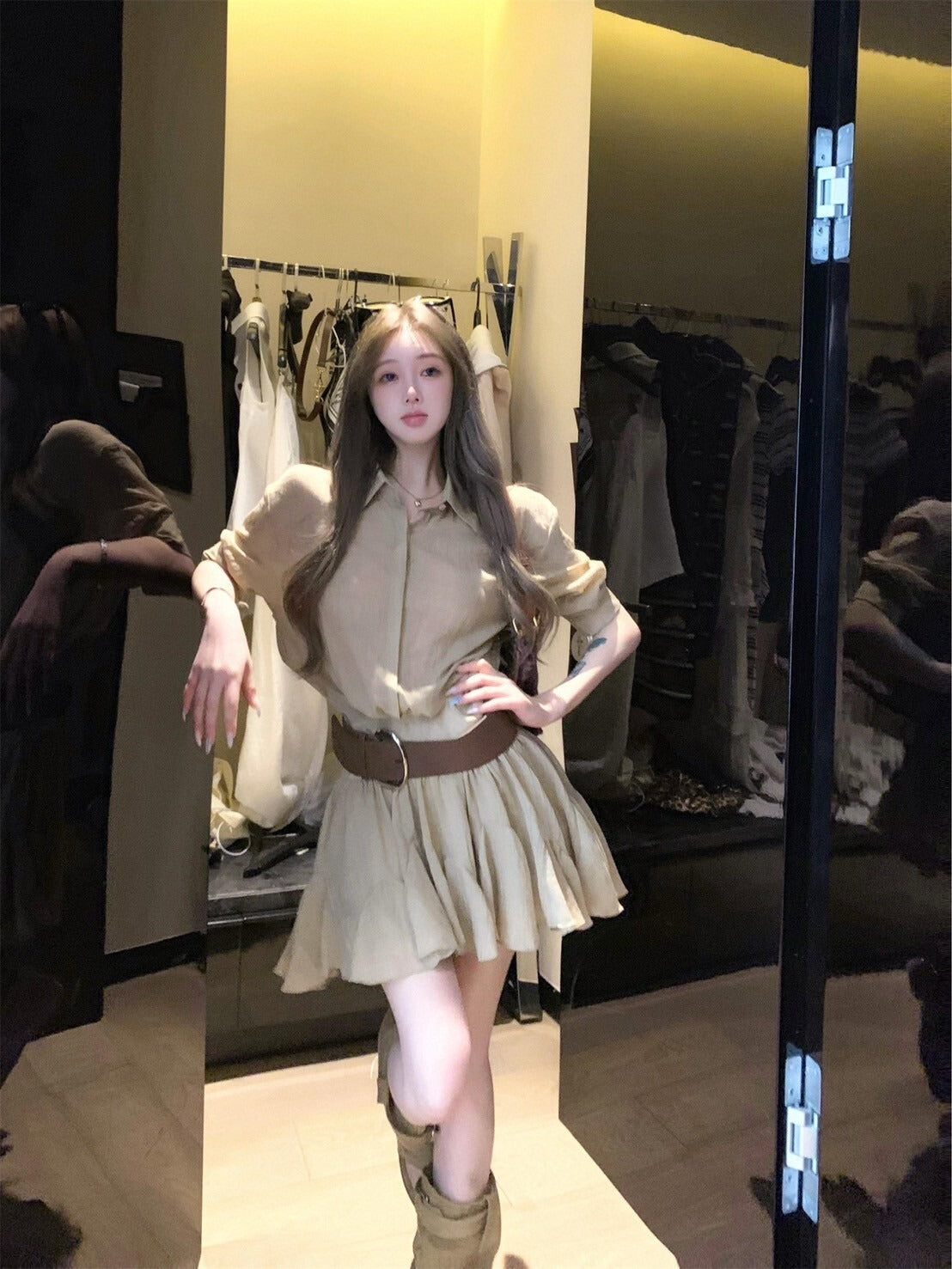 NA+ ROW率性通勤工裝襯衫裙 卡其