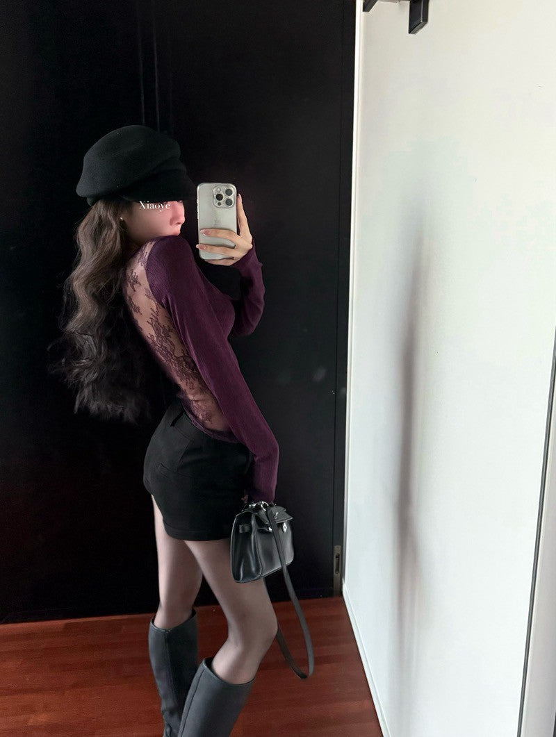 Na+ 性感美背蕾絲棉設計感上衣 紫