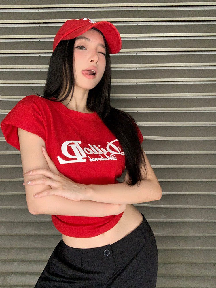 ''Na+''美式DL墊肩收腰字母辣妹上衣 紅