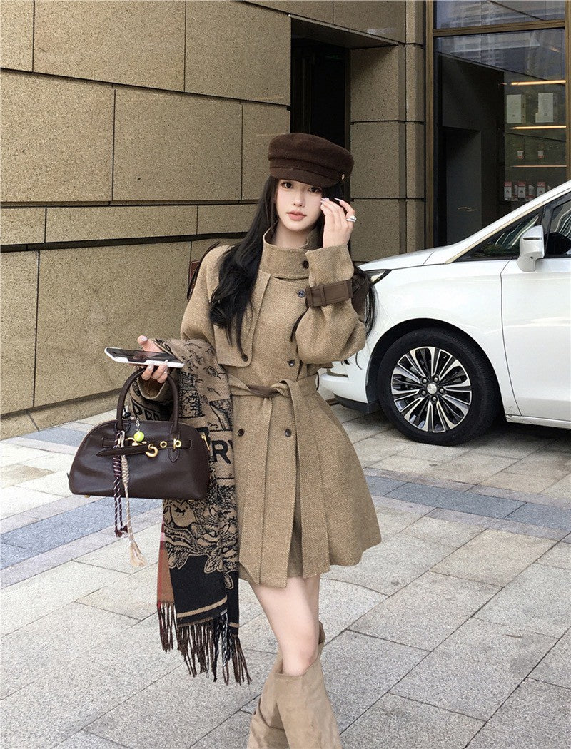 NA+ 舊夢赫卡厚磅毛呢雙排扣外套 卡茶色