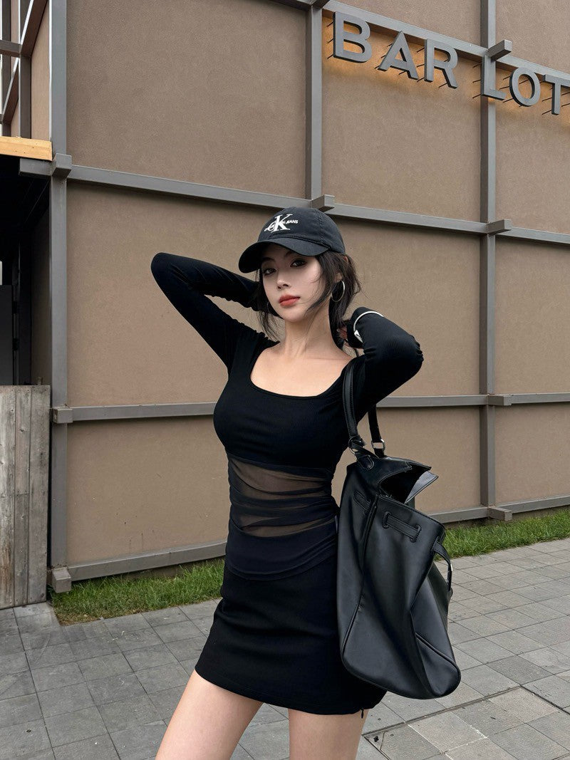 Na+ 極致方領顯瘦網紗拼接性感長袖上衣 黑