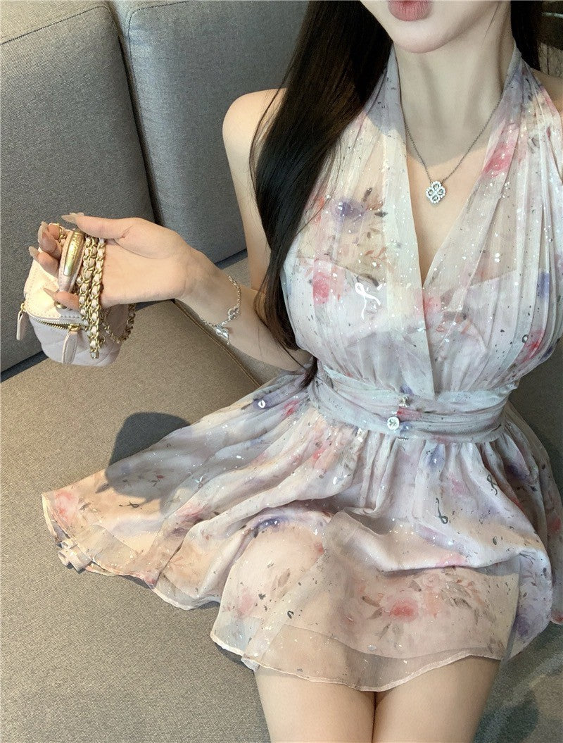 Na+ 氣質名媛 V領掛脖式花藝打攬裙