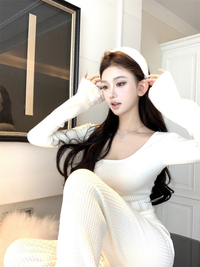 NA+ 韓系人 時髦針織修身喇叭袖上衣/休閒褲 杏