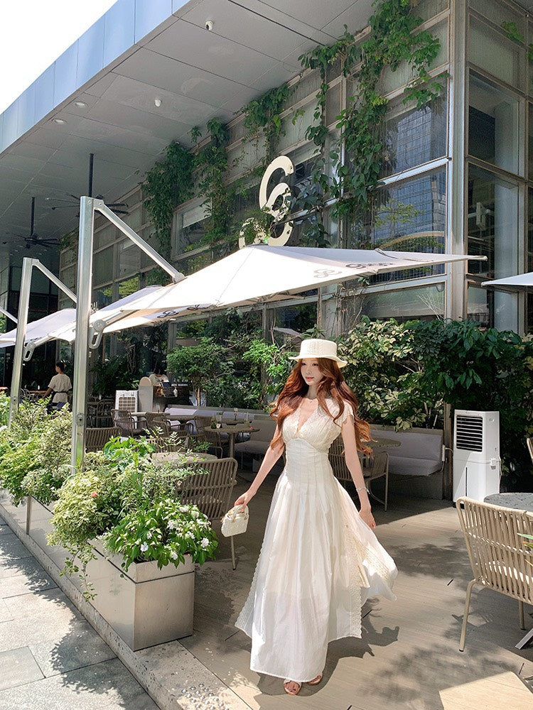 NA+ 叢野少女 夢幻法式重工蕾絲V領連身裙