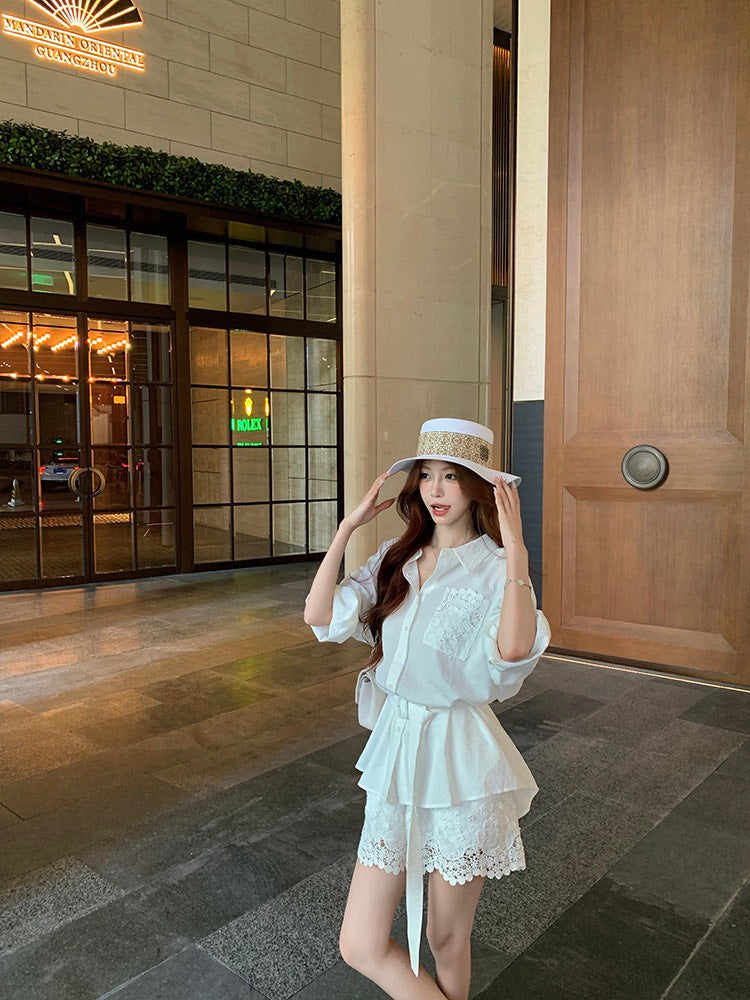 NA+ 法式慵懶老錢 蕾絲刺繡口袋襯衫 蕾絲休閒短褲 白